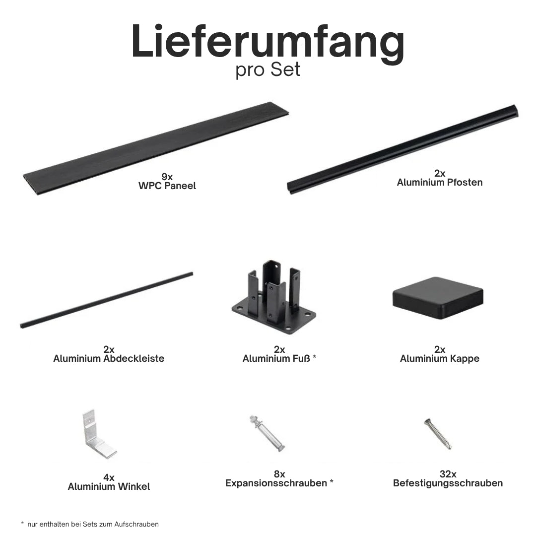 WPC Zaun Komplettset - braun - 180 × 180 cm - inkl. Zubehör