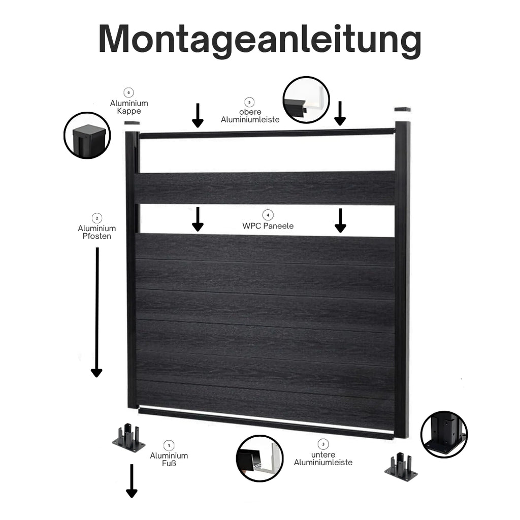 WPC Zaun Komplettset - anthrazit - 180 × 180 cm - inkl. Zubehör