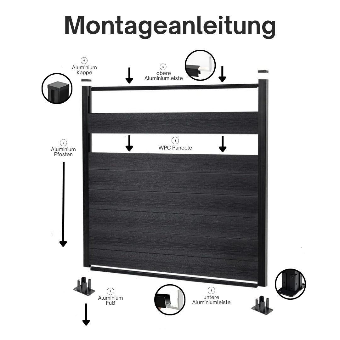 WPC Zaun Komplettset - anthrazit - 180 × 180 cm - inkl. Zubehör